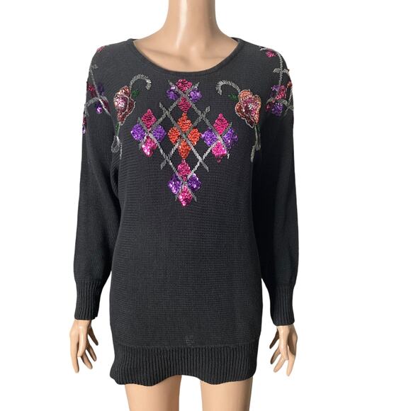 Victoria Jones Sweaters - Vintage Victoria Jones Christmas Sweater Womens Sm Black Purple Beaded Sequins